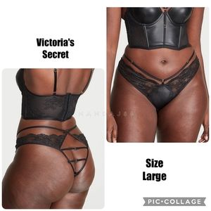 VS Pure Black Very Sexy Fishnet Lace Strappy Open Back Brazilian Panty Large NEW